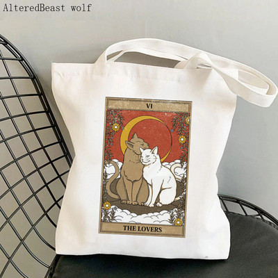 Sieviešu pircēja soma kaķis Mēness Tarot apdrukāta Kawaii soma Harajuku iepirkšanās audekls Shopper Bag meitenes rokassomiņa Tote plecu sieviešu soma