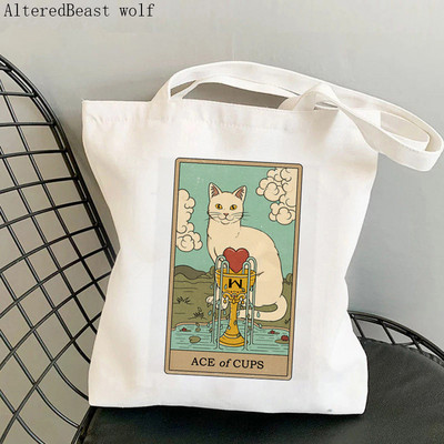 Sieviešu pircēja soma kaķis Mēness Tarot apdrukāta Kawaii soma Harajuku iepirkšanās audekls Shopper Bag meitenes rokassomiņa Tote plecu sieviešu soma