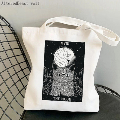 Sieviešu pircēja soma kaķis Mēness Tarot apdrukāta Kawaii soma Harajuku iepirkšanās audekls Shopper Bag meitenes rokassomiņa Tote plecu sieviešu soma