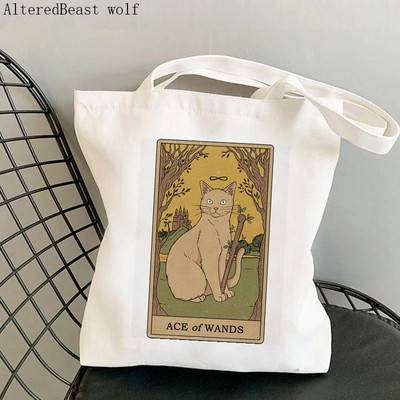 Sieviešu pircēja soma kaķis Mēness Tarot apdrukāta Kawaii soma Harajuku iepirkšanās audekls Shopper Bag meitenes rokassomiņa Tote plecu sieviešu soma