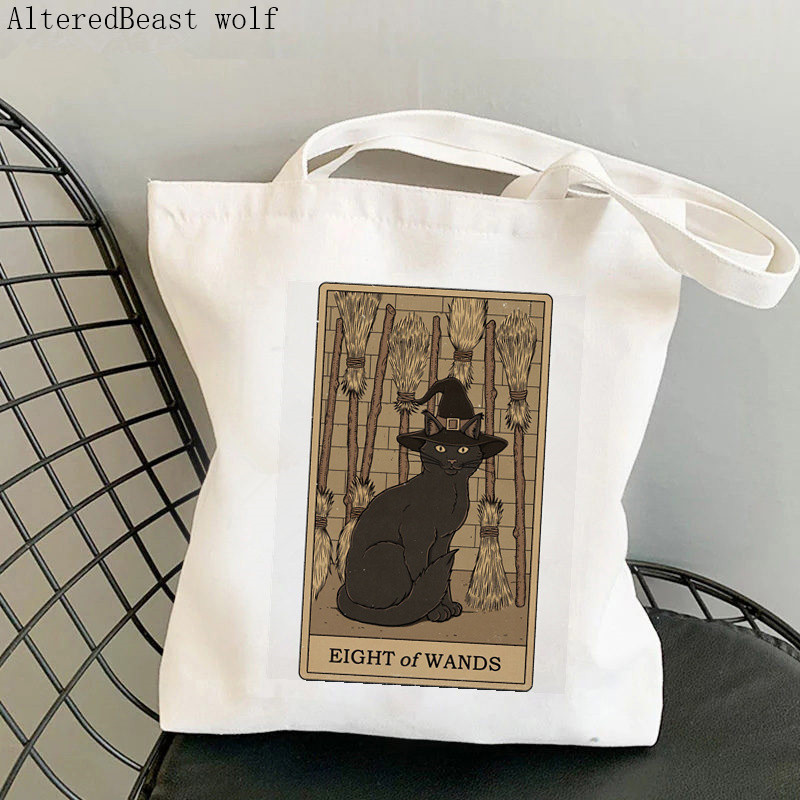 Sieviešu pircēja soma kaķis Mēness Tarot apdrukāta Kawaii soma Harajuku iepirkšanās audekls Shopper Bag meitenes rokassomiņa Tote plecu sieviešu soma