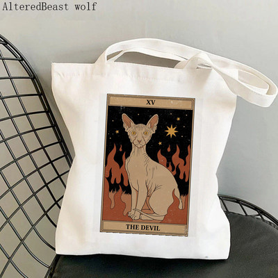 Γυναικεία τσάντα αγορών The Devil Sphynx Cat Tarot Kawaii Bag Harajuku Shopping Canvas Shopper Τσάντα για κορίτσι Τσάντα Tote Shoulder Lady Bag