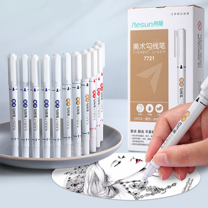 12Pcs Dual-Tip Liner Art Marker Pen Set Dual-ended DIY Graffiti Marker Stens Μόνιμοι δείκτες για παιδιά μαθητές