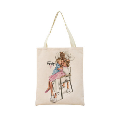 Modes cute Super Mom Baby Market iepirkumu soma ar divpusēju apdruku sievietēm salokāma lina rokassomiņa Pārnēsājama, ērta uzglabāšanas soma