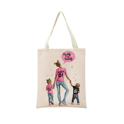 Modes cute Super Mom Baby Market iepirkumu soma ar divpusēju apdruku sievietēm salokāma lina rokassomiņa Pārnēsājama, ērta uzglabāšanas soma