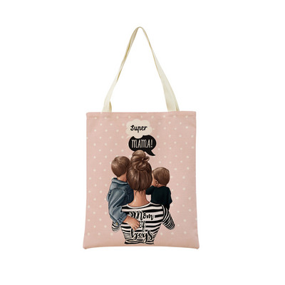 Modes cute Super Mom Baby Market iepirkumu soma ar divpusēju apdruku sievietēm salokāma lina rokassomiņa Pārnēsājama, ērta uzglabāšanas soma