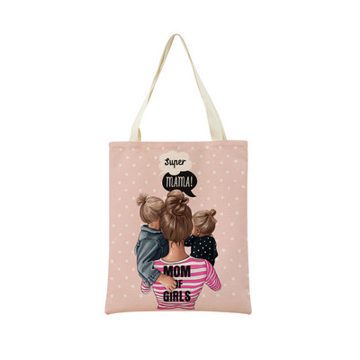 Modes cute Super Mom Baby Market iepirkumu soma ar divpusēju apdruku sievietēm salokāma lina rokassomiņa Pārnēsājama, ērta uzglabāšanas soma