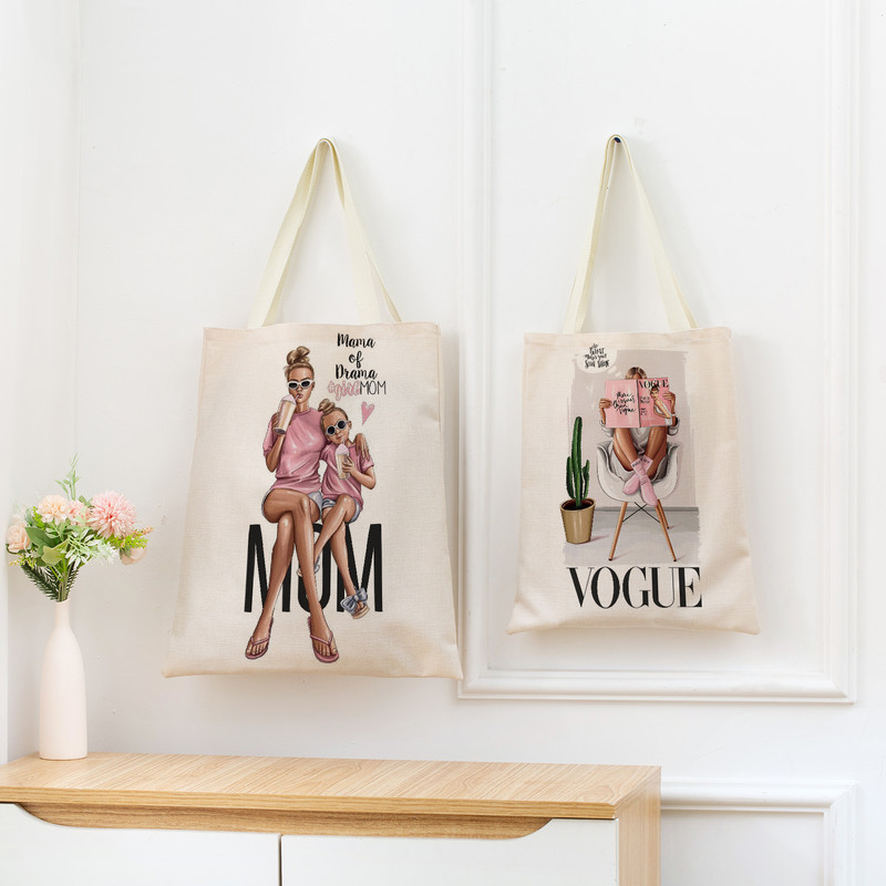 Modes cute Super Mom Baby Market iepirkumu soma ar divpusēju apdruku sievietēm salokāma lina rokassomiņa Pārnēsājama, ērta uzglabāšanas soma