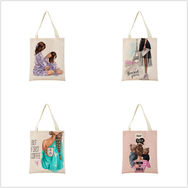 Modes cute Super Mom Baby Market iepirkumu soma ar divpusēju apdruku sievietēm salokāma lina rokassomiņa Pārnēsājama, ērta uzglabāšanas soma