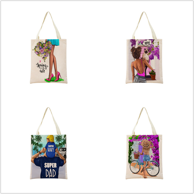 Modes cute Super Mom Baby Market iepirkumu soma ar divpusēju apdruku sievietēm salokāma lina rokassomiņa Pārnēsājama, ērta uzglabāšanas soma