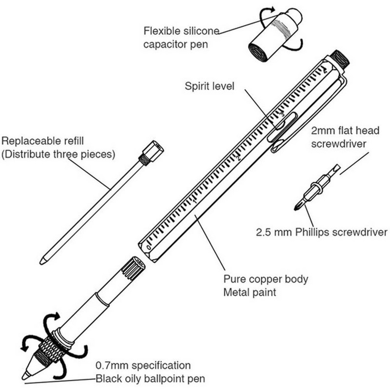 Metalna višenamjenska kemijska olovka Odvijač Mjerač razine Mobilni telefon Zaslon osjetljiv na dodir Križni odvijač Ravni odvijač Sc