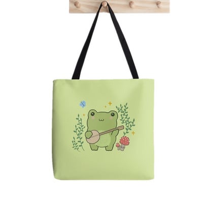 Moterų krepšys „Kawaii Cute Frog Banjo“ drugelių krepšys „Harajuku“ pirkinių drobė „Shopper Bag“ mergaitės rankinė.