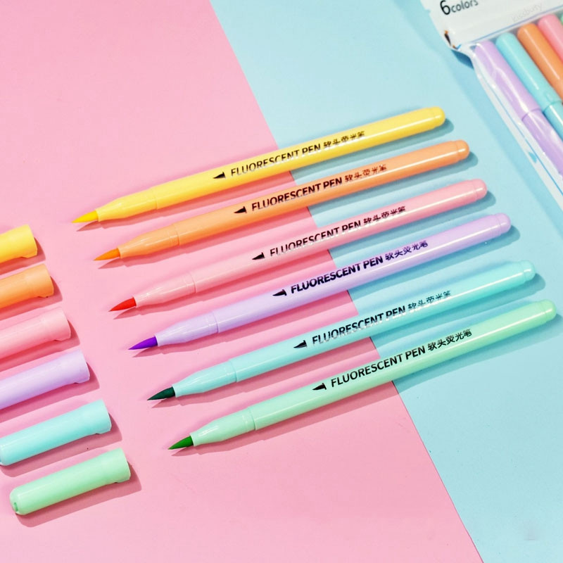 Σετ στυλό 6 χρωμάτων μαλακό πινέλο φθορισμού Παστέλ μαρκαδόροι Σετ πινέλων Art Mild Color Highlighter στυλό καλλιγραφίας