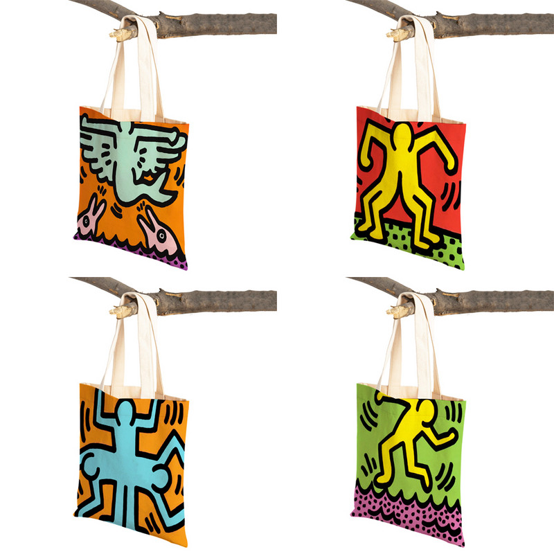 Värviline abstraktne kunst naiste ostukott Korduvkasutatav kahepoolse prindiga vabaaja lõuendist kandekott õpilase lapsele