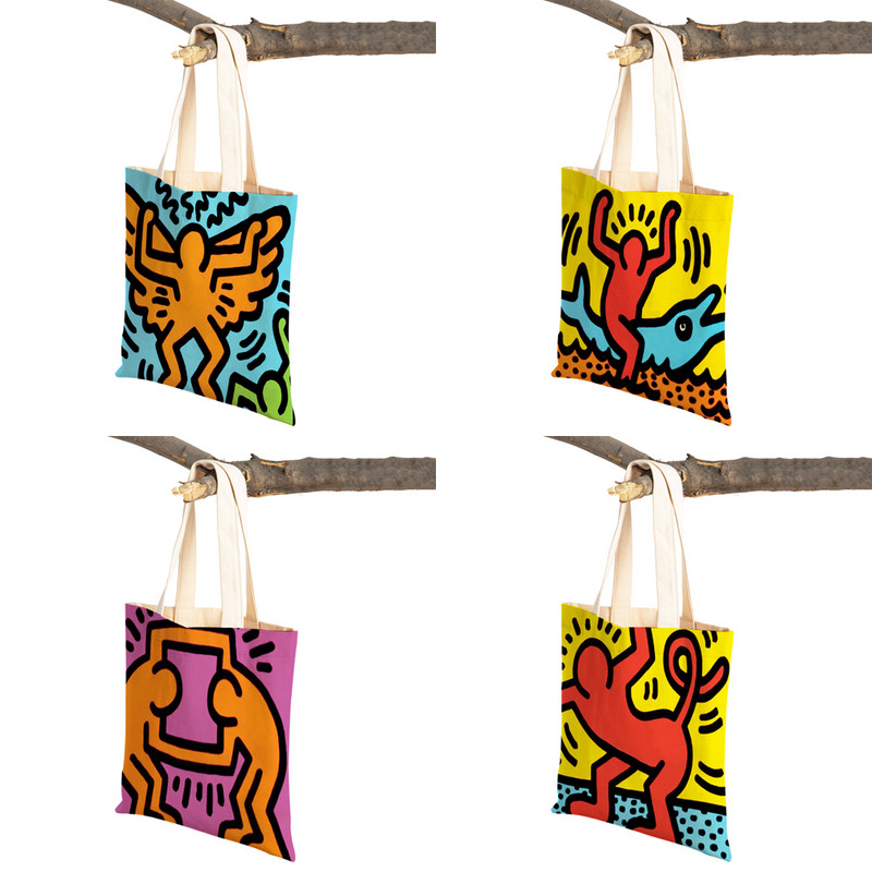 Värviline abstraktne kunst naiste ostukott Korduvkasutatav kahepoolse prindiga vabaaja lõuendist kandekott õpilase lapsele