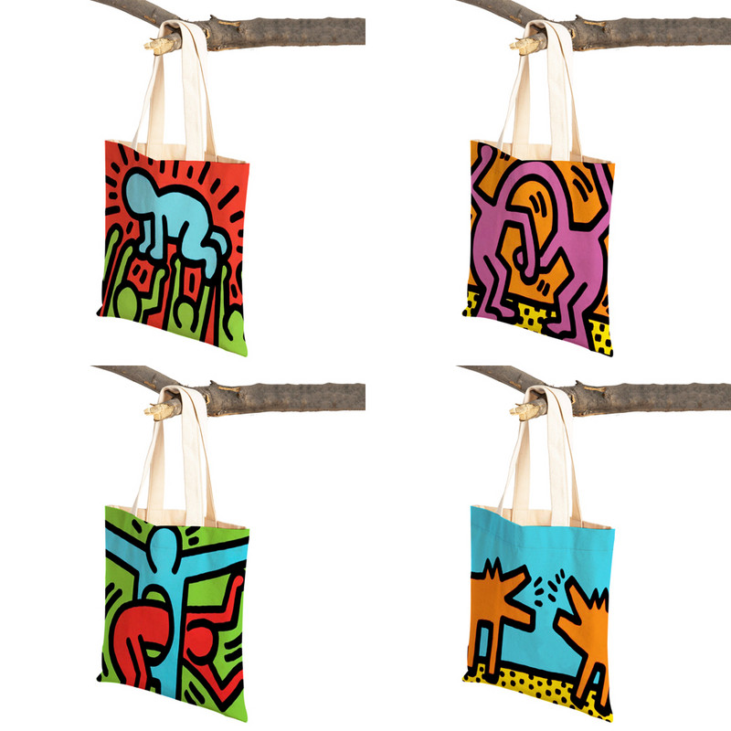 Värviline abstraktne kunst naiste ostukott Korduvkasutatav kahepoolse prindiga vabaaja lõuendist kandekott õpilase lapsele