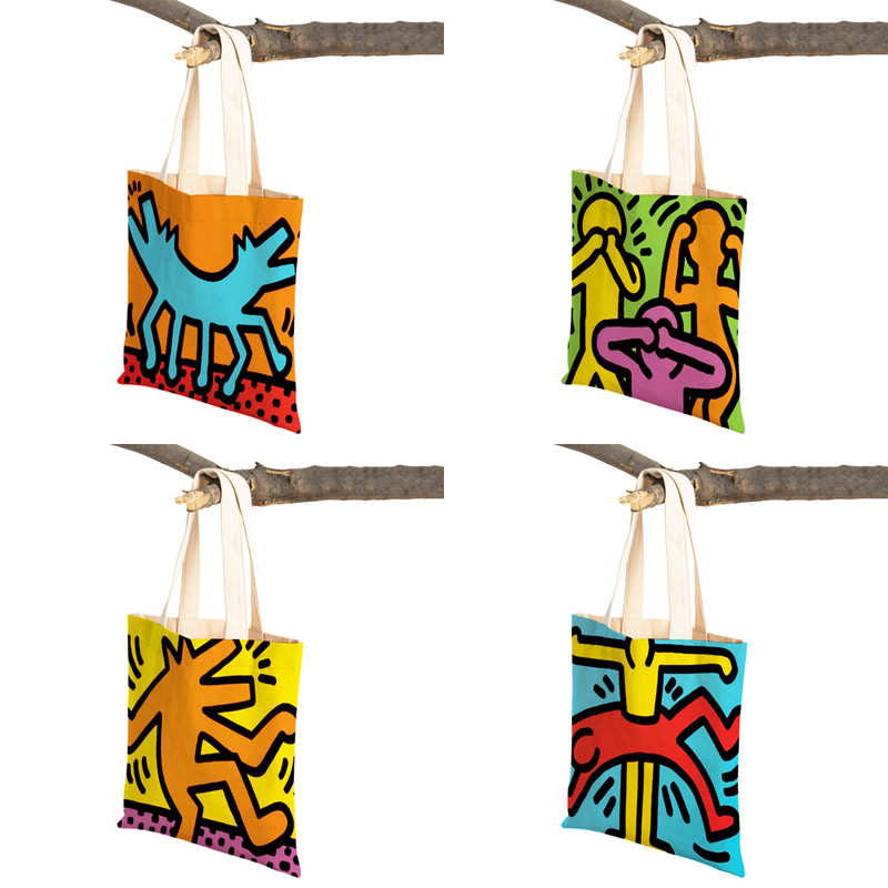 Värviline abstraktne kunst naiste ostukott Korduvkasutatav kahepoolse prindiga vabaaja lõuendist kandekott õpilase lapsele