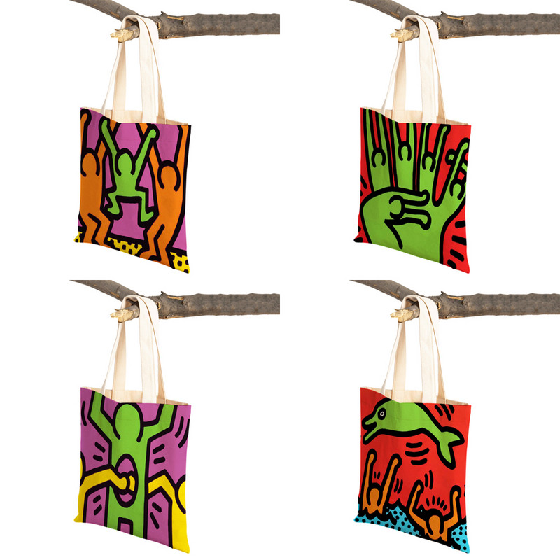 Värviline abstraktne kunst naiste ostukott Korduvkasutatav kahepoolse prindiga vabaaja lõuendist kandekott õpilase lapsele