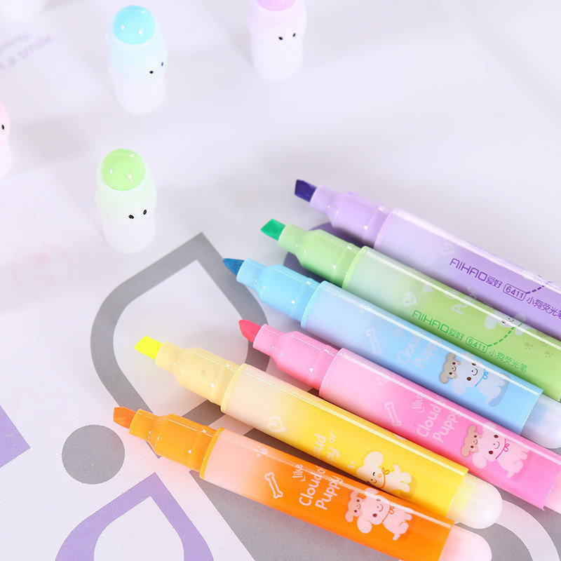 6 bucăți/set drăguț câine drăguț colorat evidențiator desen cu fluorescență pix pentru copii, rechizite de birou pentru școală, papetărie pentru studenți