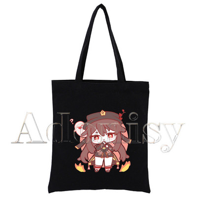 Genshin Impact Hu Tao Kawaii Game Ženska shopping torba Platnene torbe na rame s printom Ručne torbe od crne tkanine Ekološke
