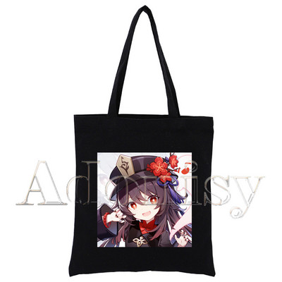 Genshin Impact Hu Tao Kawaii Game Ženska shopping torba Platnene torbe na rame s printom Ručne torbe od crne tkanine Ekološke