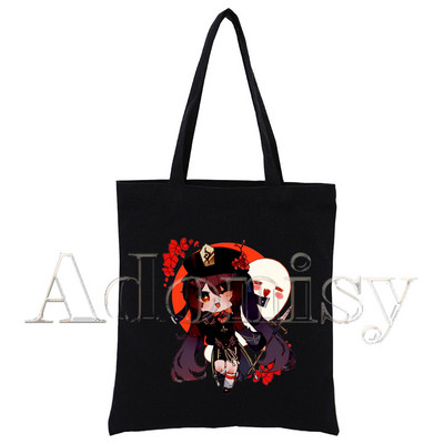 Genshin Impact Hu Tao Kawaii Game Ženska shopping torba Platnene torbe na rame s printom Ručne torbe od crne tkanine Ekološke