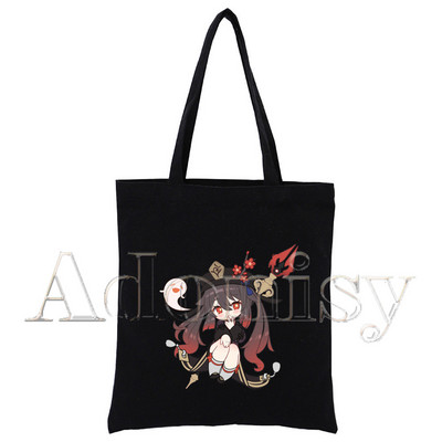 Genshin Impact Hu Tao Kawaii Game Ženska shopping torba Platnene torbe na rame s printom Ručne torbe od crne tkanine Ekološke