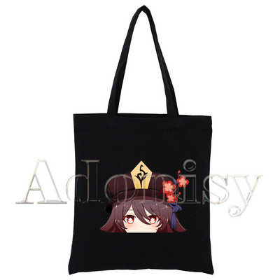 Genshin Impact Hu Tao Kawaii Game Ženska shopping torba Platnene torbe na rame s printom Ručne torbe od crne tkanine Ekološke
