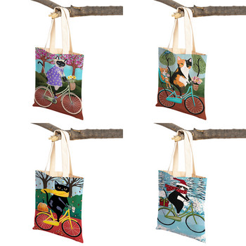 Fashion Cute Bicycle Bike Cat Print Tote Τσάντα κατοικίδιων ζώων κινουμένων σχεδίων ζώων, πτυσσόμενη επαναχρησιμοποιήσιμη υφασμάτινη τσάντα ώμου