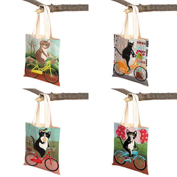 Fashion Cute Bicycle Bike Cat Print Tote Τσάντα κατοικίδιων ζώων κινουμένων σχεδίων ζώων, πτυσσόμενη επαναχρησιμοποιήσιμη υφασμάτινη τσάντα ώμου