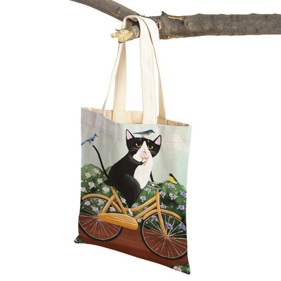 Mados mielos dviračio dviračio katės spausdinimo rankinė naminiams gyvūnėliams animacinių filmų gyvūnų drobė sulankstomas daugkartinio audinio pirkinių krepšys per petį