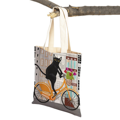 Mados mielos dviračio dviračio katės spausdinimo rankinė naminiams gyvūnėliams animacinių filmų gyvūnų drobė sulankstomas daugkartinio audinio pirkinių krepšys per petį