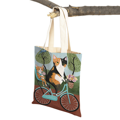 Mados mielos dviračio dviračio katės spausdinimo rankinė naminiams gyvūnėliams animacinių filmų gyvūnų drobė sulankstomas daugkartinio audinio pirkinių krepšys per petį