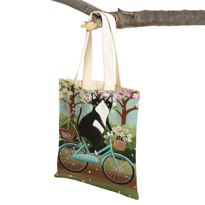 Mados mielos dviračio dviračio katės spausdinimo rankinė naminiams gyvūnėliams animacinių filmų gyvūnų drobė sulankstomas daugkartinio audinio pirkinių krepšys per petį