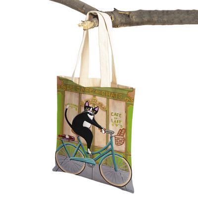 Mados mielos dviračio dviračio katės spausdinimo rankinė naminiams gyvūnėliams animacinių filmų gyvūnų drobė sulankstomas daugkartinio audinio pirkinių krepšys per petį