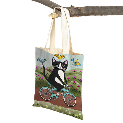 Mados mielos dviračio dviračio katės spausdinimo rankinė naminiams gyvūnėliams animacinių filmų gyvūnų drobė sulankstomas daugkartinio audinio pirkinių krepšys per petį