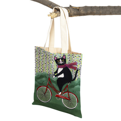 Mados mielos dviračio dviračio katės spausdinimo rankinė naminiams gyvūnėliams animacinių filmų gyvūnų drobė sulankstomas daugkartinio audinio pirkinių krepšys per petį