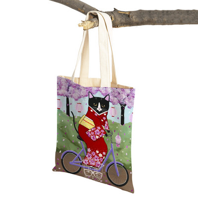 Mados mielos dviračio dviračio katės spausdinimo rankinė naminiams gyvūnėliams animacinių filmų gyvūnų drobė sulankstomas daugkartinio audinio pirkinių krepšys per petį