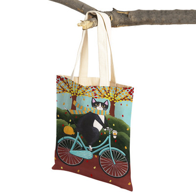 Mados mielos dviračio dviračio katės spausdinimo rankinė naminiams gyvūnėliams animacinių filmų gyvūnų drobė sulankstomas daugkartinio audinio pirkinių krepšys per petį