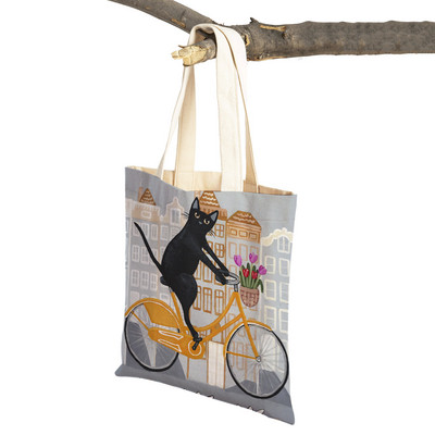 Mados mielos dviračio dviračio katės spausdinimo rankinė naminiams gyvūnėliams animacinių filmų gyvūnų drobė sulankstomas daugkartinio audinio pirkinių krepšys per petį