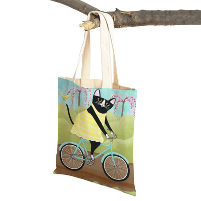 Mados mielos dviračio dviračio katės spausdinimo rankinė naminiams gyvūnėliams animacinių filmų gyvūnų drobė sulankstomas daugkartinio audinio pirkinių krepšys per petį