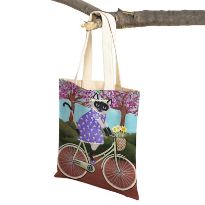 Mados mielos dviračio dviračio katės spausdinimo rankinė naminiams gyvūnėliams animacinių filmų gyvūnų drobė sulankstomas daugkartinio audinio pirkinių krepšys per petį