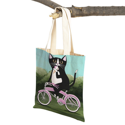 Mados mielos dviračio dviračio katės spausdinimo rankinė naminiams gyvūnėliams animacinių filmų gyvūnų drobė sulankstomas daugkartinio audinio pirkinių krepšys per petį