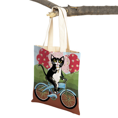 Mados mielos dviračio dviračio katės spausdinimo rankinė naminiams gyvūnėliams animacinių filmų gyvūnų drobė sulankstomas daugkartinio audinio pirkinių krepšys per petį