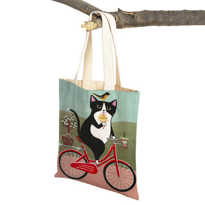 Mados mielos dviračio dviračio katės spausdinimo rankinė naminiams gyvūnėliams animacinių filmų gyvūnų drobė sulankstomas daugkartinio audinio pirkinių krepšys per petį