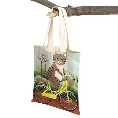 Mados mielos dviračio dviračio katės spausdinimo rankinė naminiams gyvūnėliams animacinių filmų gyvūnų drobė sulankstomas daugkartinio audinio pirkinių krepšys per petį