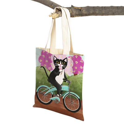 Mados mielos dviračio dviračio katės spausdinimo rankinė naminiams gyvūnėliams animacinių filmų gyvūnų drobė sulankstomas daugkartinio audinio pirkinių krepšys per petį