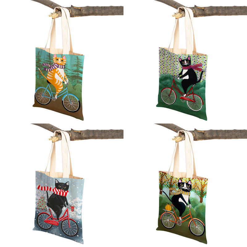 Mados mielos dviračio dviračio katės spausdinimo rankinė naminiams gyvūnėliams animacinių filmų gyvūnų drobė sulankstomas daugkartinio audinio pirkinių krepšys per petį