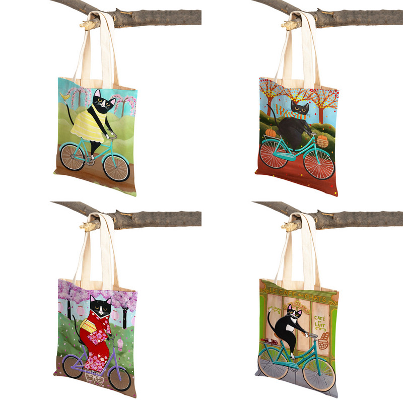 Mados mielos dviračio dviračio katės spausdinimo rankinė naminiams gyvūnėliams animacinių filmų gyvūnų drobė sulankstomas daugkartinio audinio pirkinių krepšys per petį