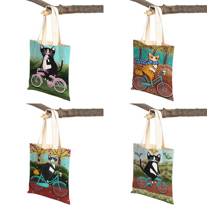 Mados mielos dviračio dviračio katės spausdinimo rankinė naminiams gyvūnėliams animacinių filmų gyvūnų drobė sulankstomas daugkartinio audinio pirkinių krepšys per petį